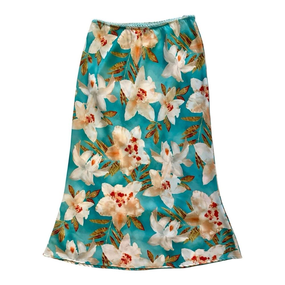XOXO Jeans Y2K Vintage 90s Midi Slip Skirt Womens Medium Floral Blue Boho